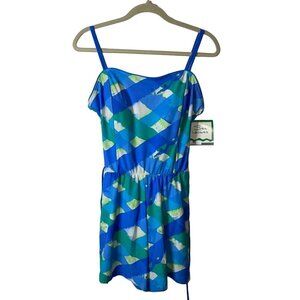 Sea Waves Vintage Womens Swim Romper Size 16 Blue Green Abstract Belted New